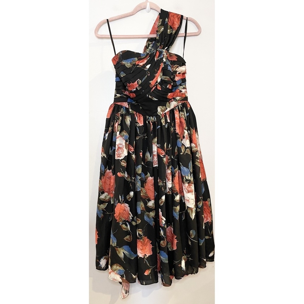 Unique Vintage Black Floral One Shoulder Dress M Retro Rockabilly Party Full - Picture 2 of 7